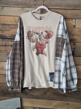 Freefall Graphic Reworked Flannel-Sleeve Shirt - Beige & Brown